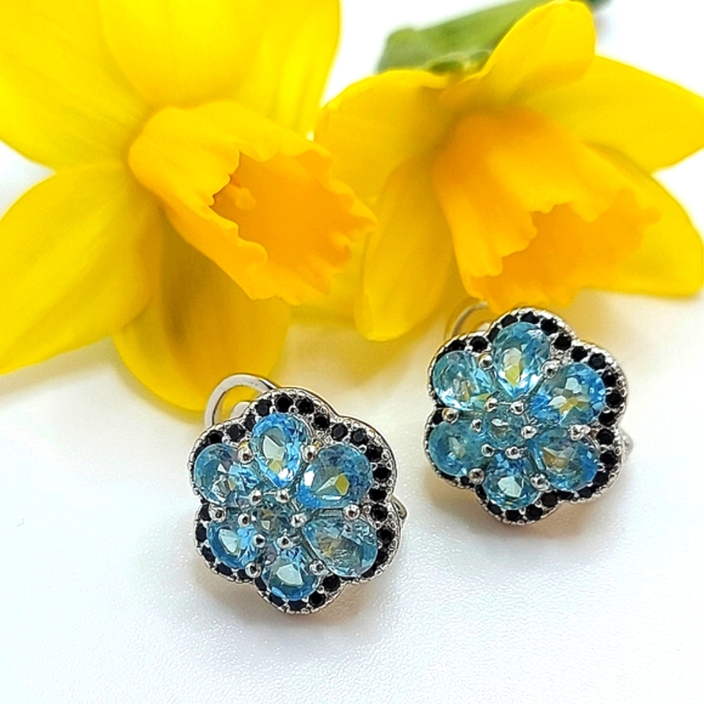 Natural‎ Blue Apatite 5x4mm & Black Spinel 925 Sterling Silver Earrings